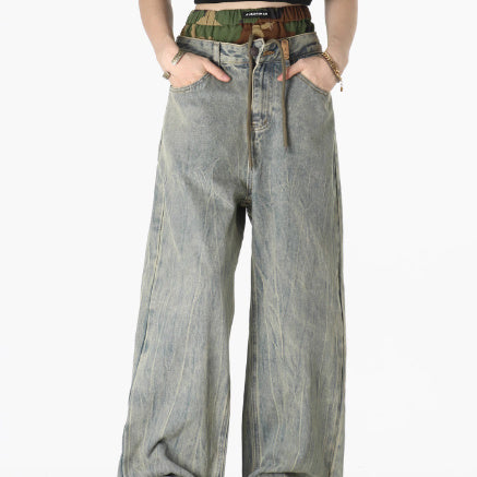 Camouflage Stitching Double Waist Pants Bandage Dress Crack Faded Retro Straight Loose Casual Pants