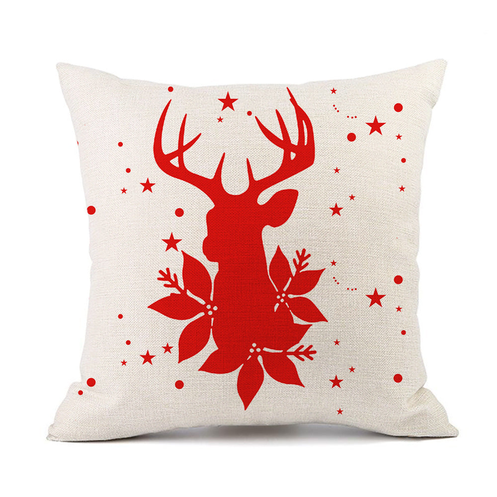 Christmas Elk Santa Claus Red Festive Printed Linen Cushion