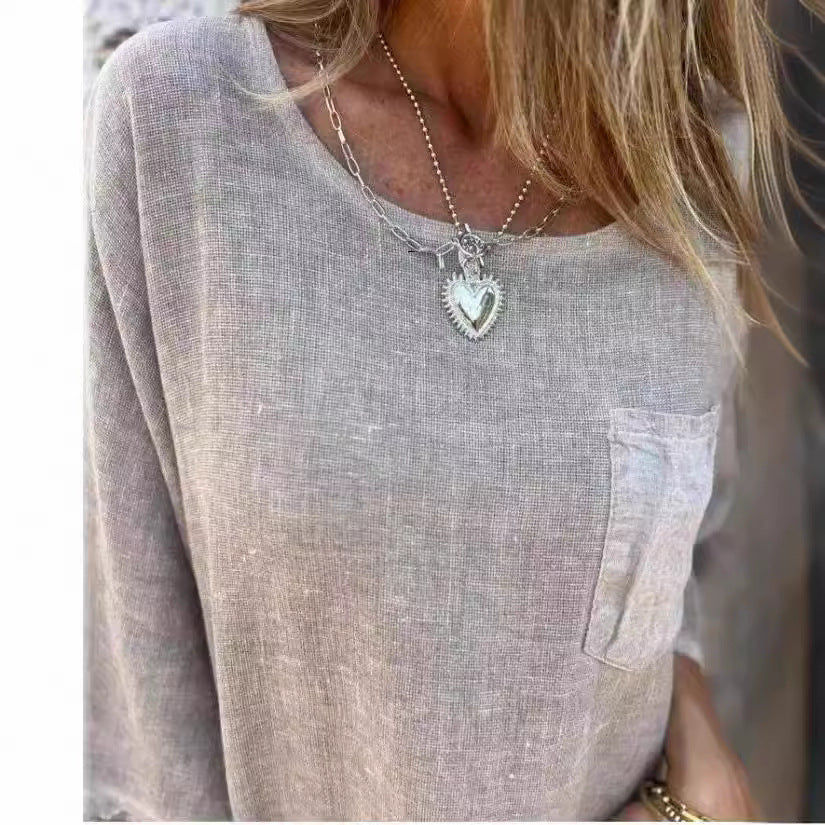 Round Neck Pullover Bat Three-quarter-length-sleeved T-shirt Pocket Color Matching