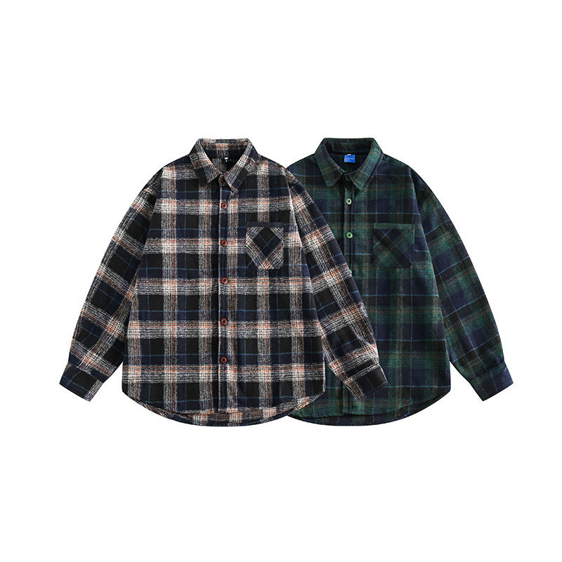Color Matching Plaid Pocket Decorative Lapel Shirt