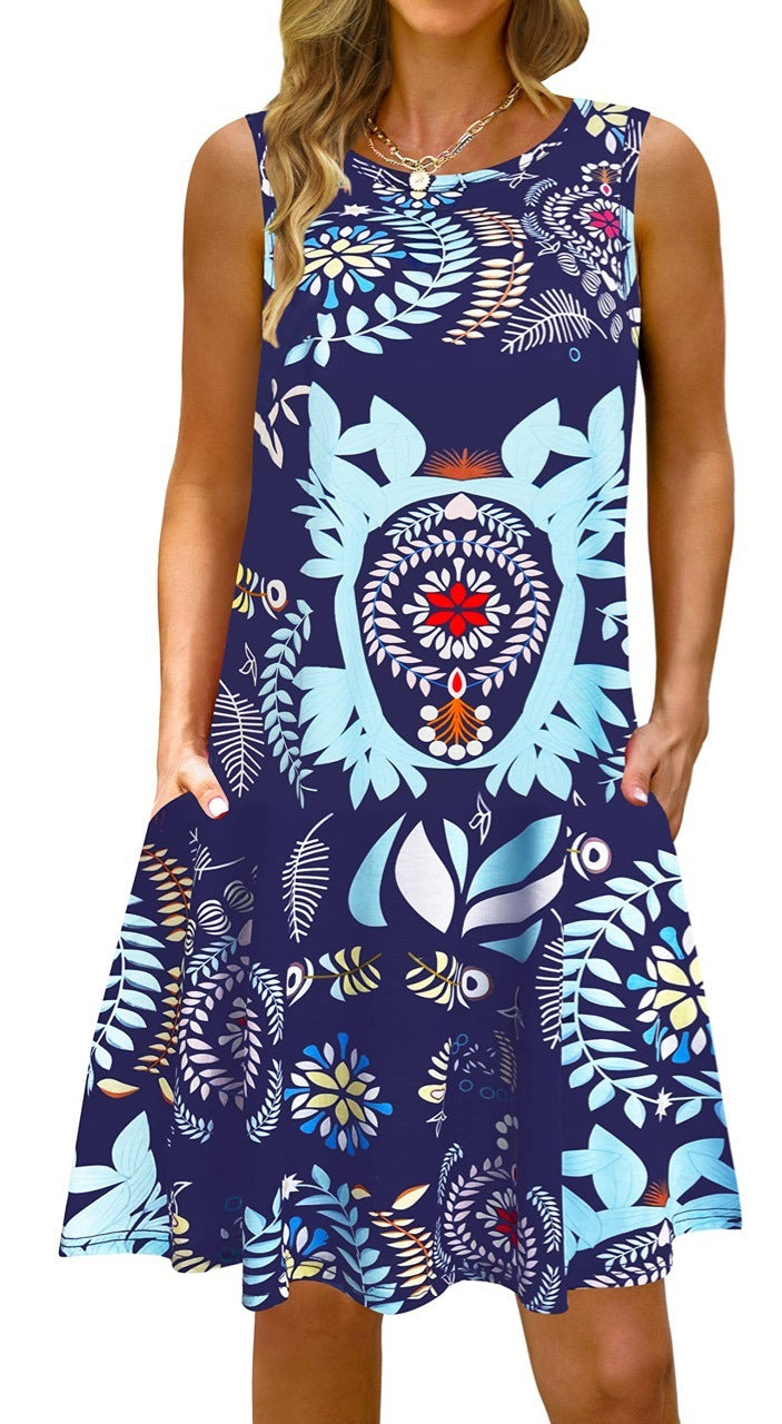 Printed Vest Pocket Dress Women
