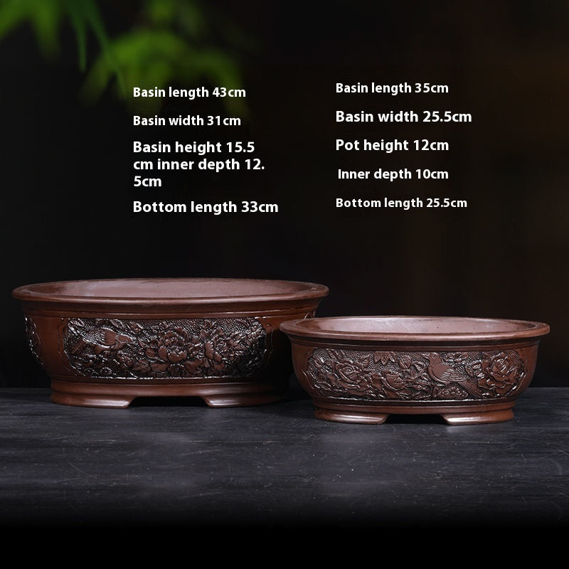 Banyan Flower Pot Purple Sand Relief Pachira Macrocarpa Welcome Pine Happiness Tree Ganoderma Old Pile Extra Large Ceramic Landscape Basin
