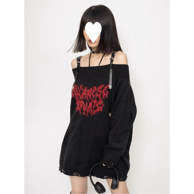 Women's Water Washing Craft Ripped Off-shoulder Sweater