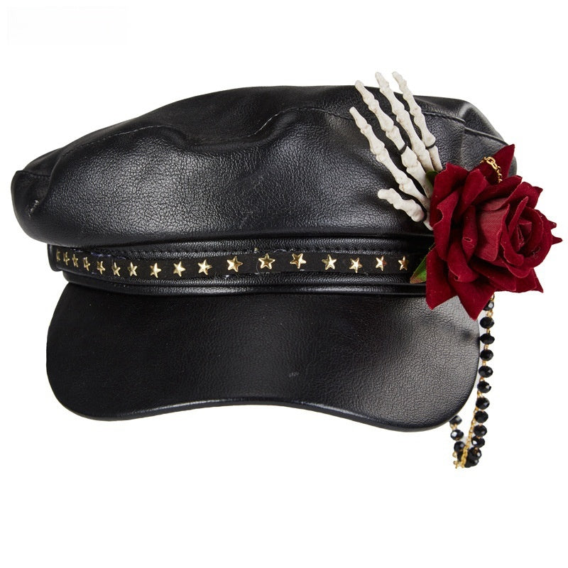 Steam Punk Goth Rose Bead Necklace Baseball Peaked Cap Skull Manual Alarm Bay Hat