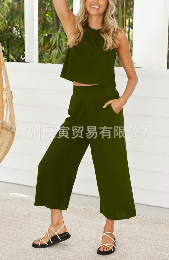 Casual Sleeveless Buckle Vest Cropped Double Pocket Wide Leg Pants Suit