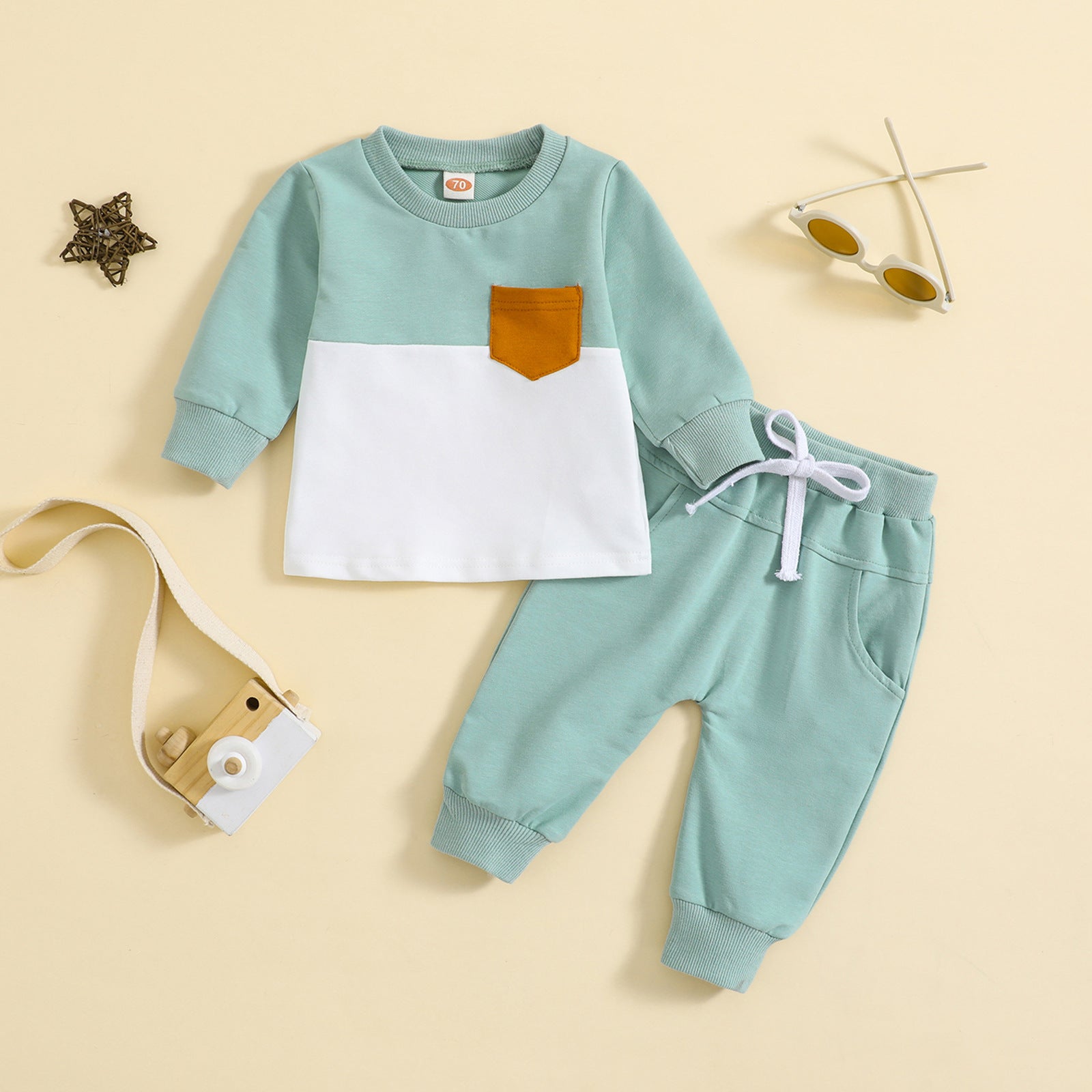 Children Color-block Crew Neck Long Sleeve Trousers Suit