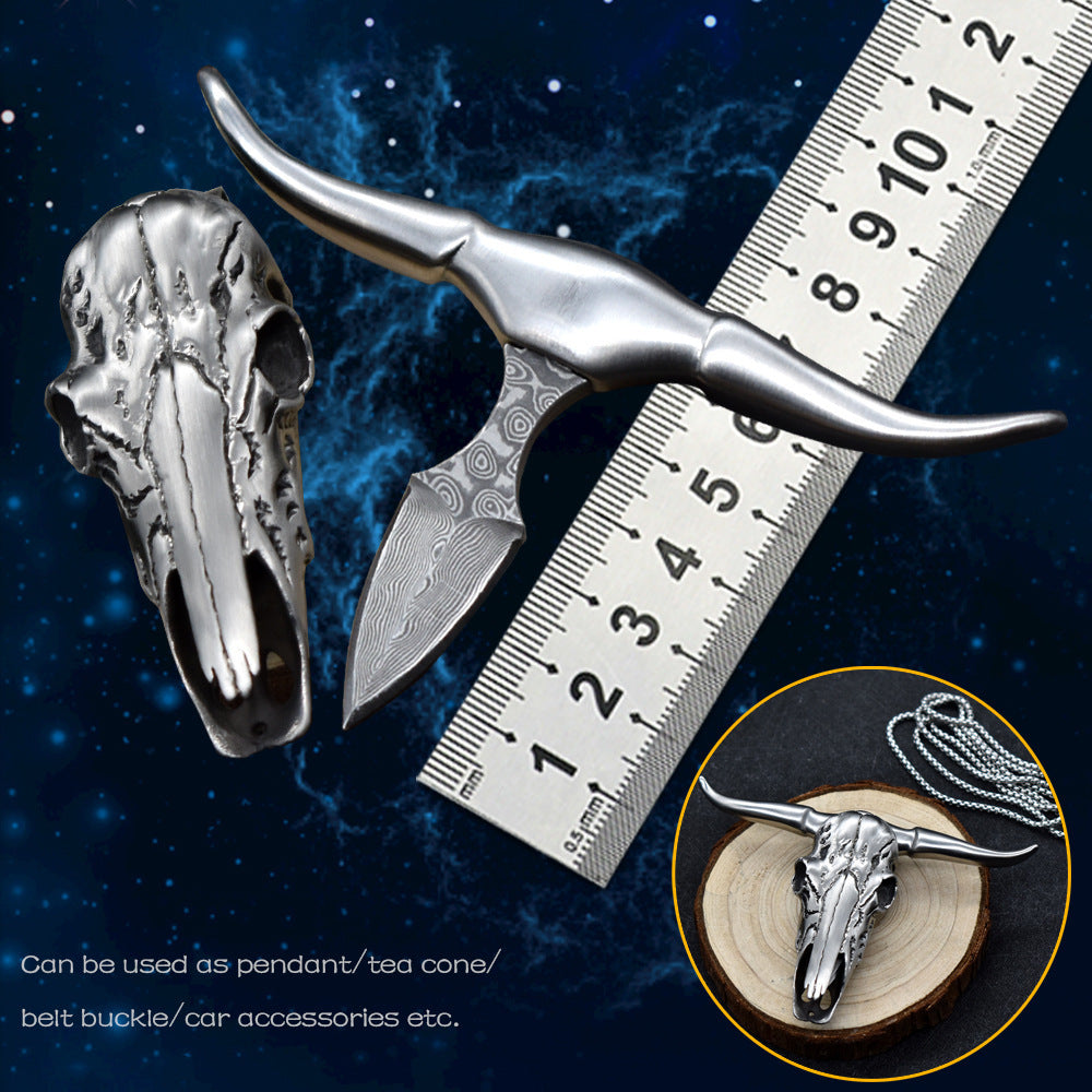 Necklace Knife Pendant Bull Head Damascus Fan Self Defense Tool
