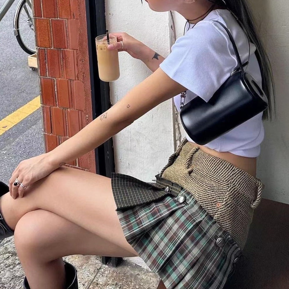 Women's Retro American Plaid Stitching Skirt