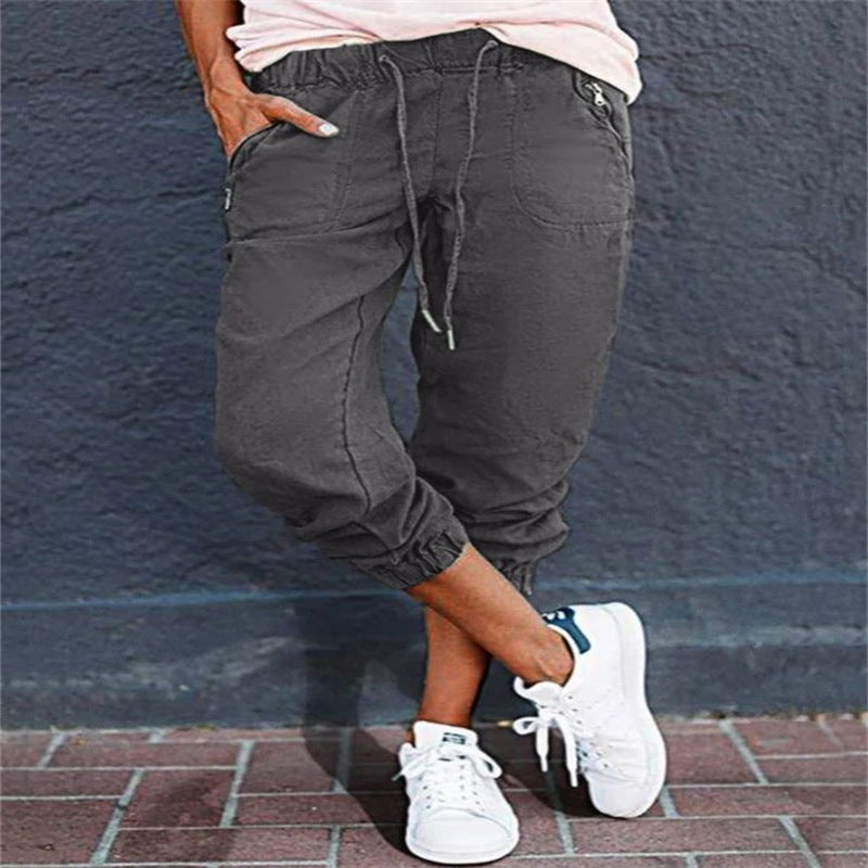 Women's Solid Color Casual Zipper Pocket Elastic Waist Overalls Cropped Pants