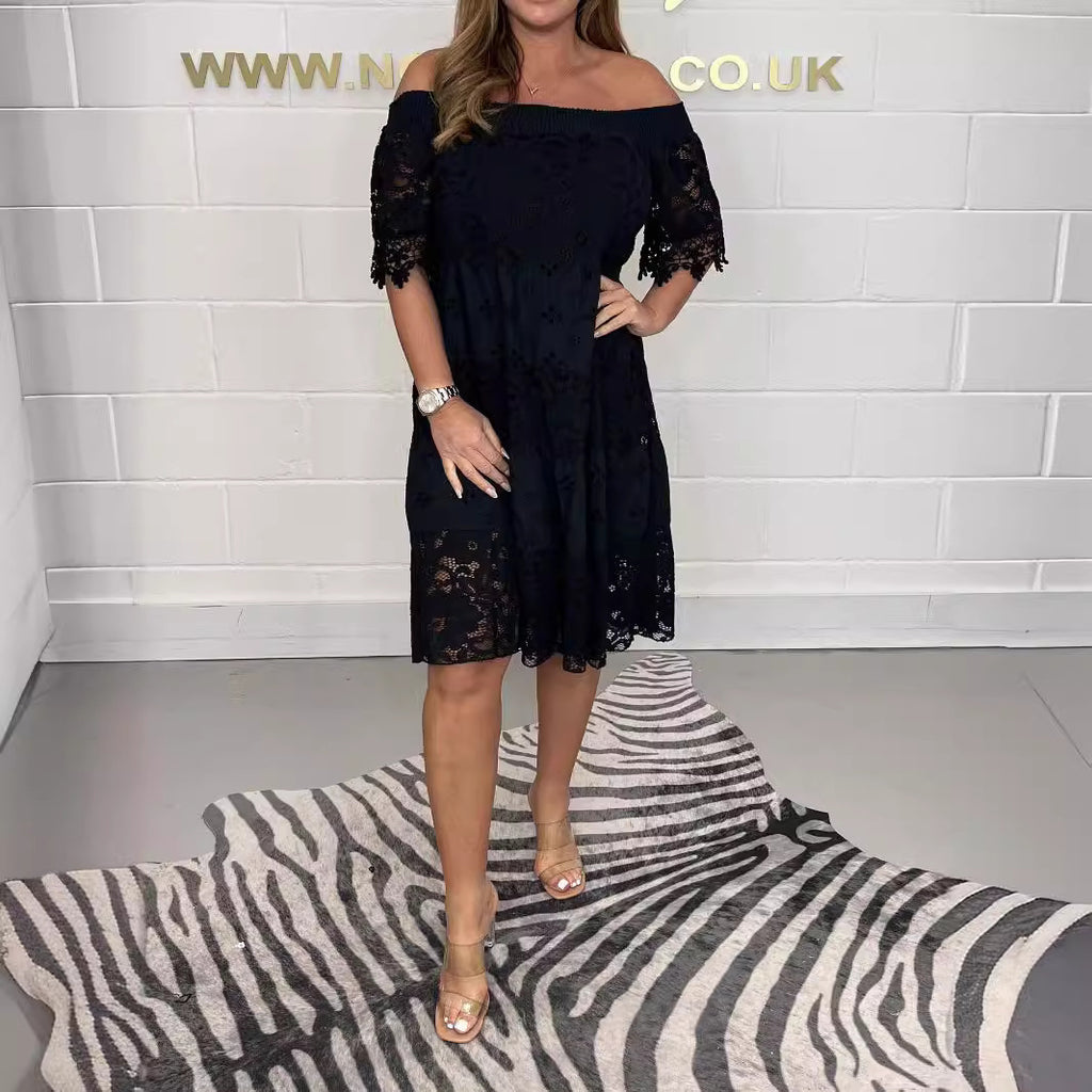 Lace Stitching Smocking Off-shoulder Short Sleeve Loose Dress