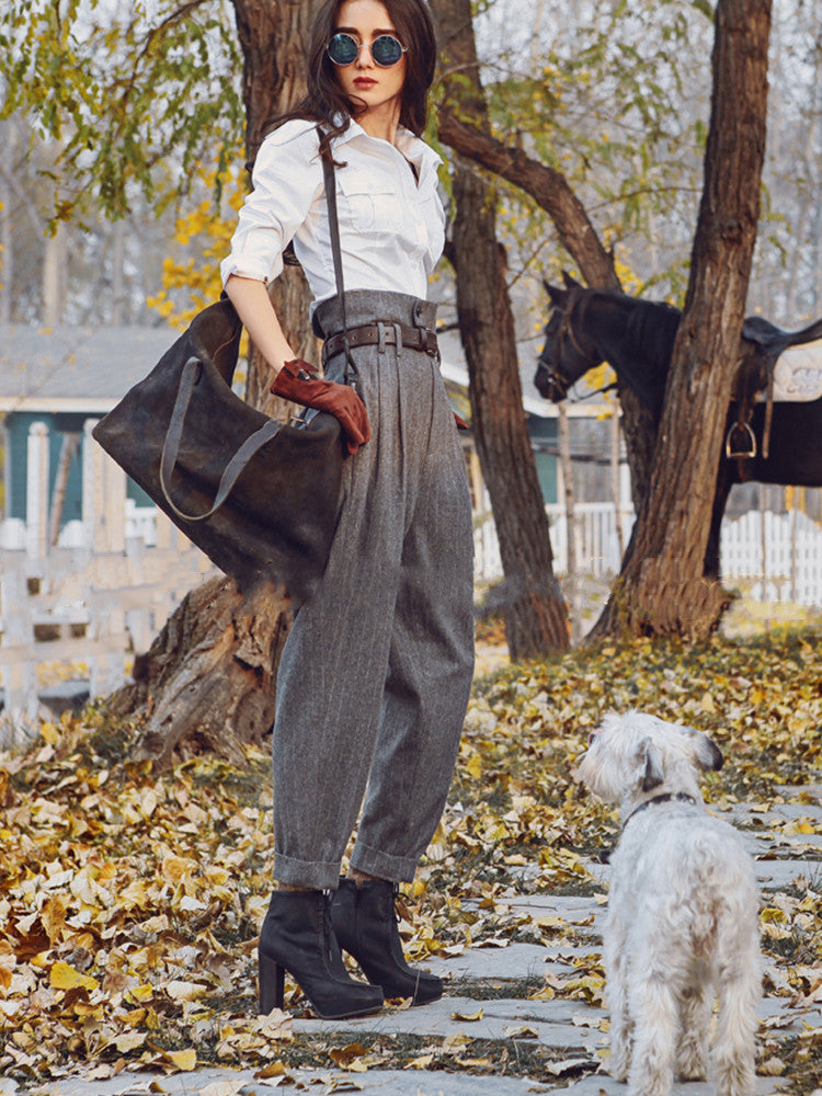 Casual Retro High-Waist Woolen Striped Slim-Fitting Pants