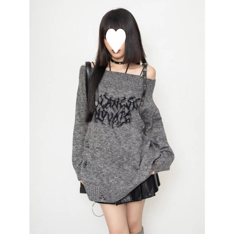 Women's Water Washing Craft Ripped Off-shoulder Sweater