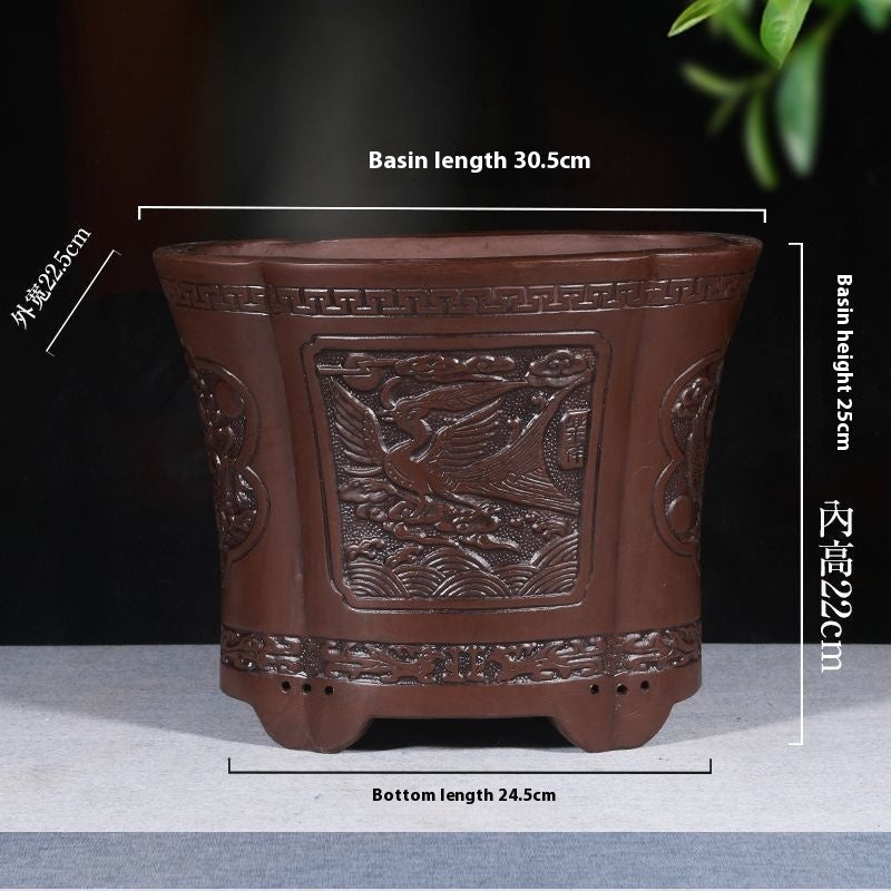 Banyan Flower Pot Purple Sand Relief Pachira Macrocarpa Welcome Pine Happiness Tree Ganoderma Old Pile Extra Large Ceramic Landscape Basin