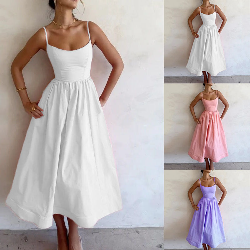 Lady Temperament Commute Low-cut Slim Fit Waist Trimming Spaghetti Straps Dress