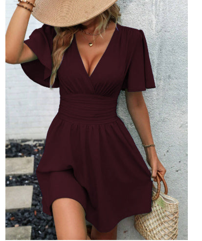 Women's V-neck Butterfly Sleeve Pleated Waist Dress