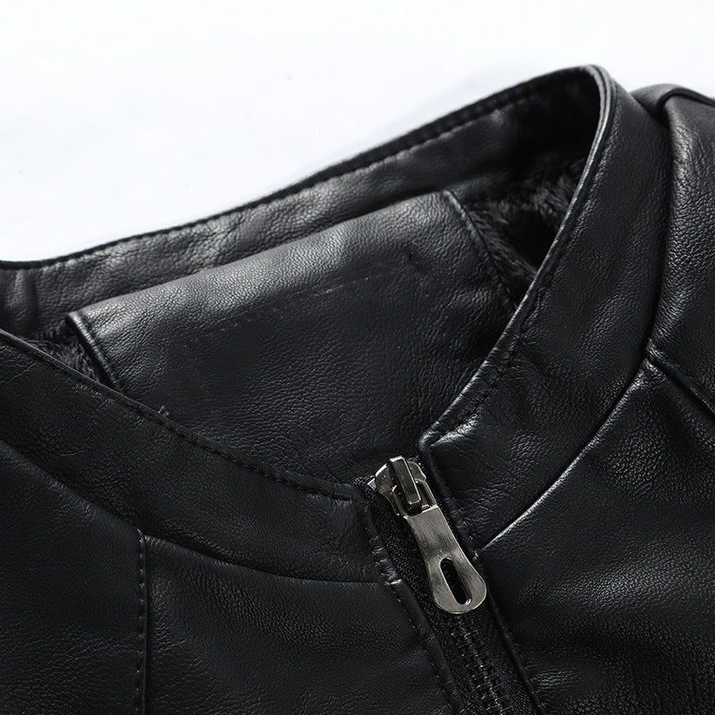 Stand-up collar fur PU leather jacket plus velvet men's jacket