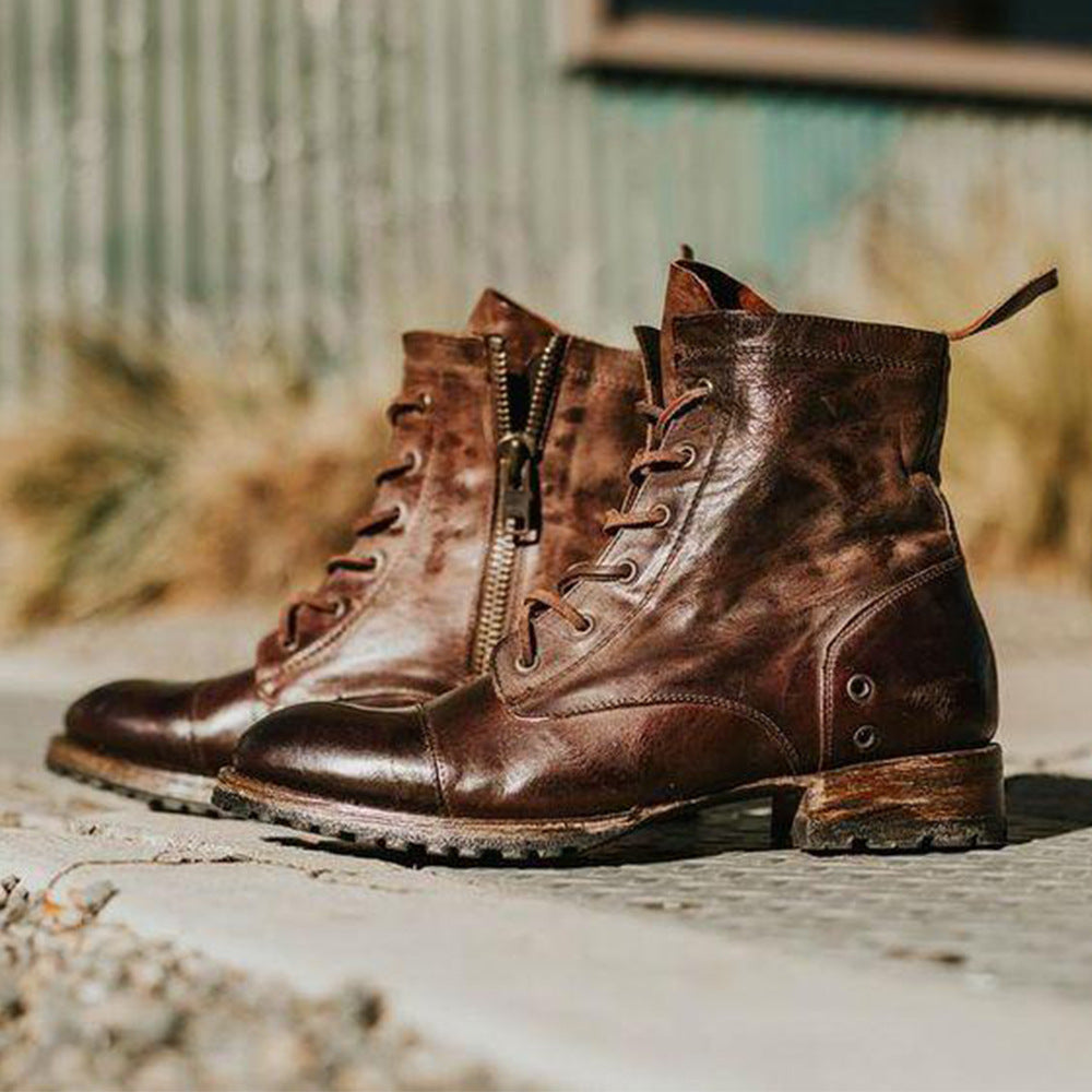 Round toe retro lace-up casual short boots