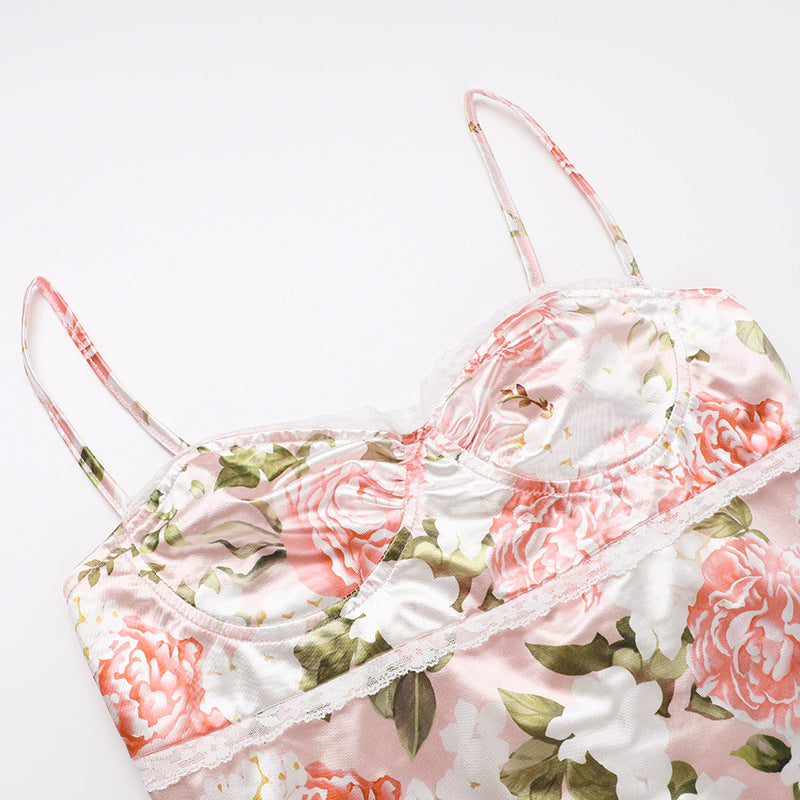 Spring NEW Long Elegant Printed Lace Suspender Dress Women's Clothing