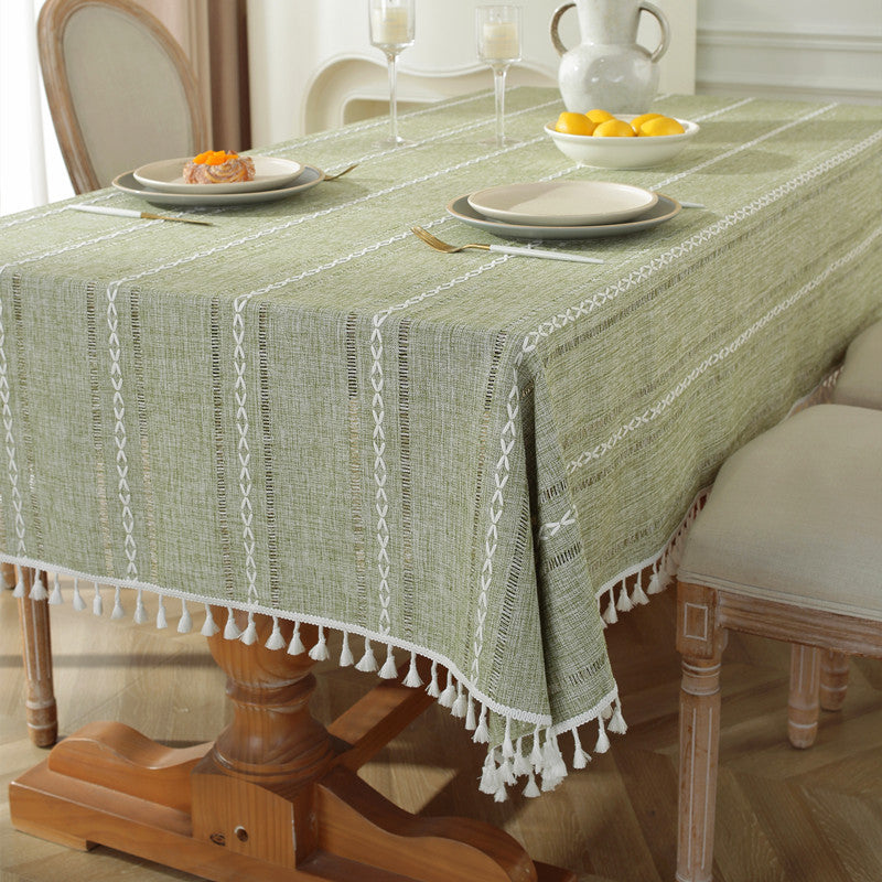 Cotton Linen Tablecloth Solid Color Hollow Striped Design Cover Cloth