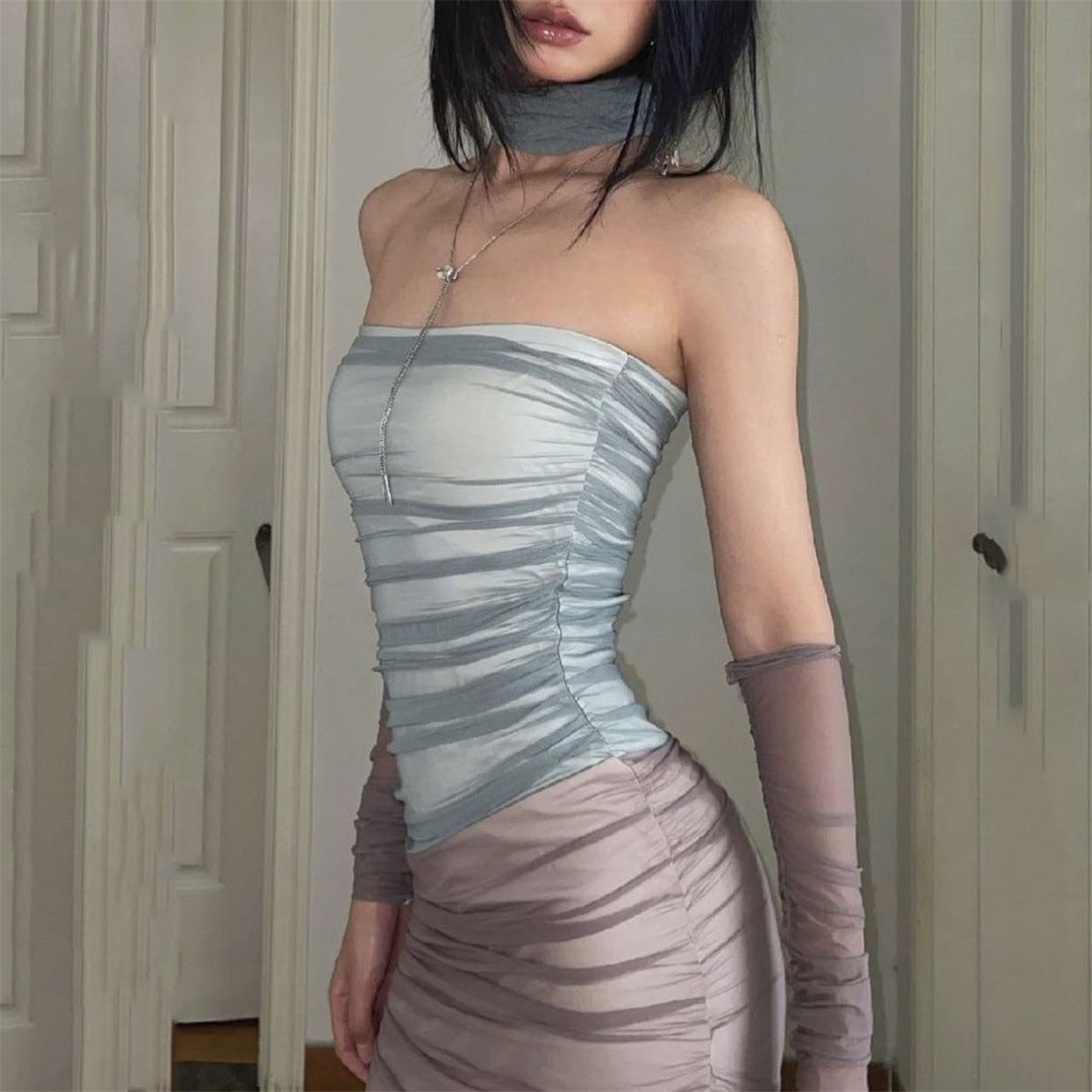 French Contrast Color Mesh Stitching Dress