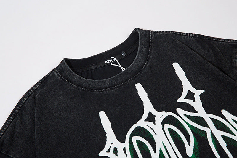 American Retro Hip Hop Washed Old Big Letter Graffiti Short Sleeve Men's Clothing