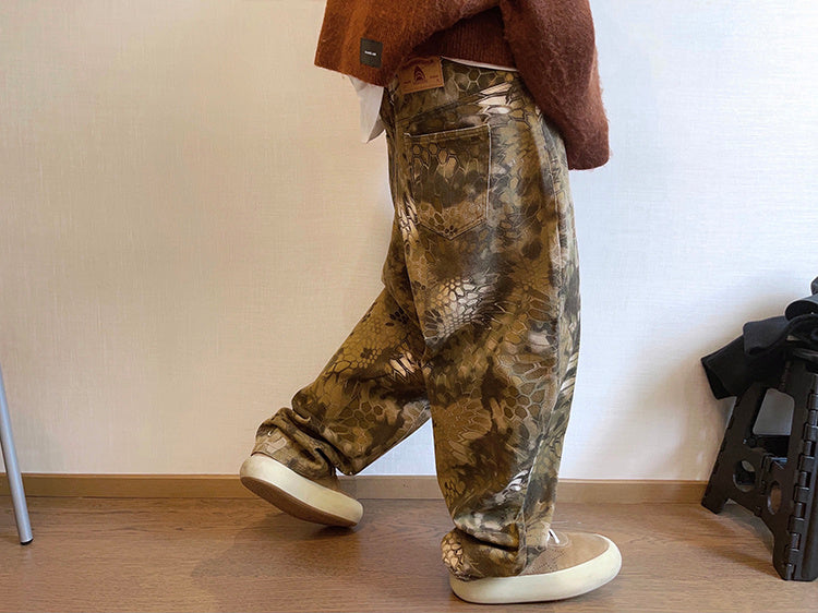 Spring Retro Canvas Snake Pattern Camouflage Heavy Washed Ruan Handsome Loose Casual Pants