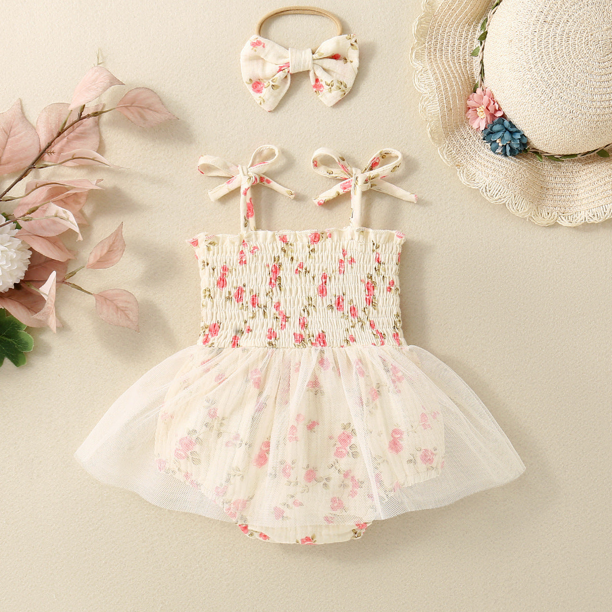 Baby Girl Flower Print Sling Triangle Rompers Tulle Skirt