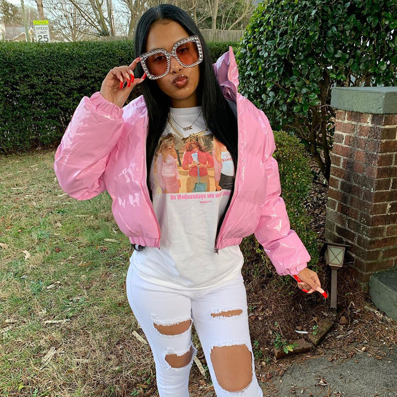 Women's Solid Color Zipper Mirror Leather Warm Padded Jacket