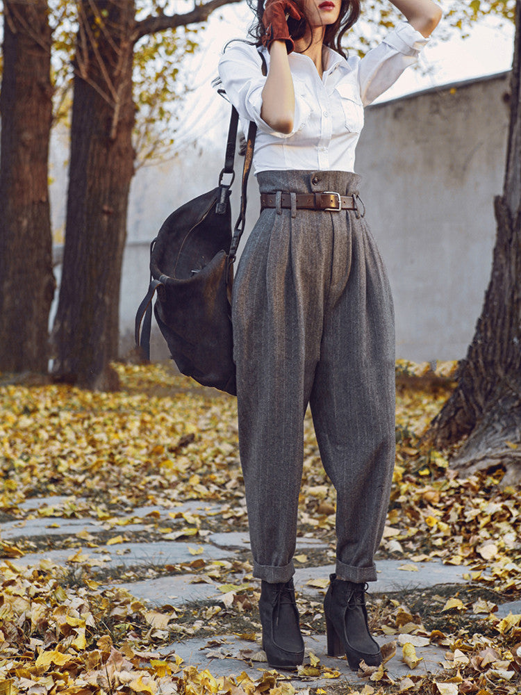 Casual Retro High-Waist Woolen Striped Slim-Fitting Pants