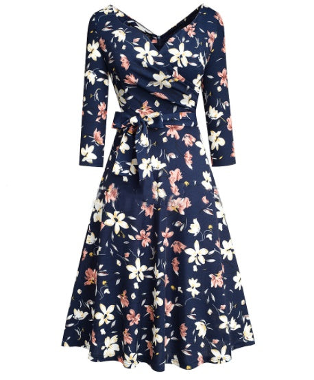 V-neck Waist Slimming A-line Skirt Fashion Lace-up Slim Dress