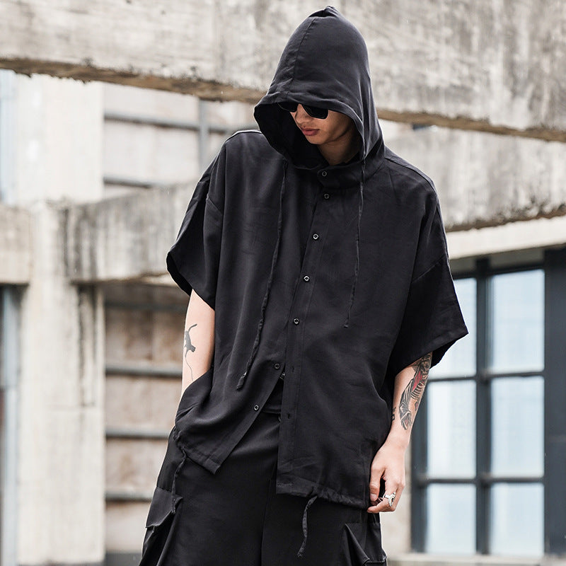 Hooded loose drop shoulder drawstring shirt