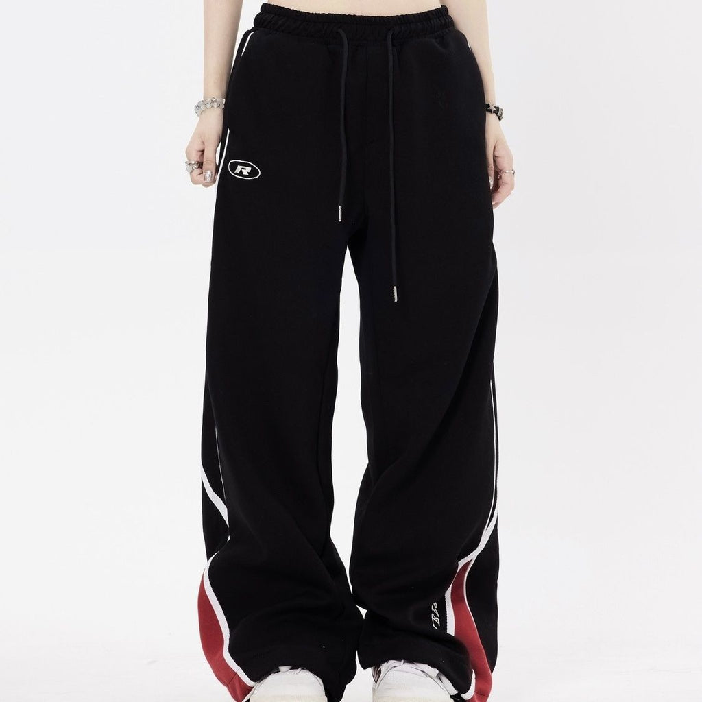 Retro Sports Pants Female Contrast Color Striped Design Straight Wide Leg Pants Loose Casual