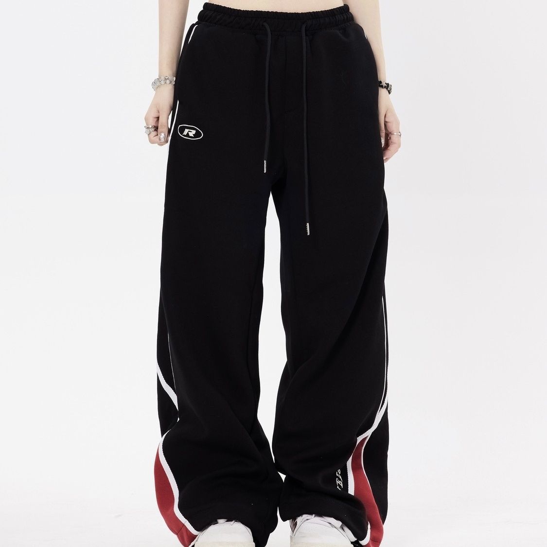 Retro Sports Pants Female Contrast Color Striped Design Straight Wide Leg Pants Loose Casual