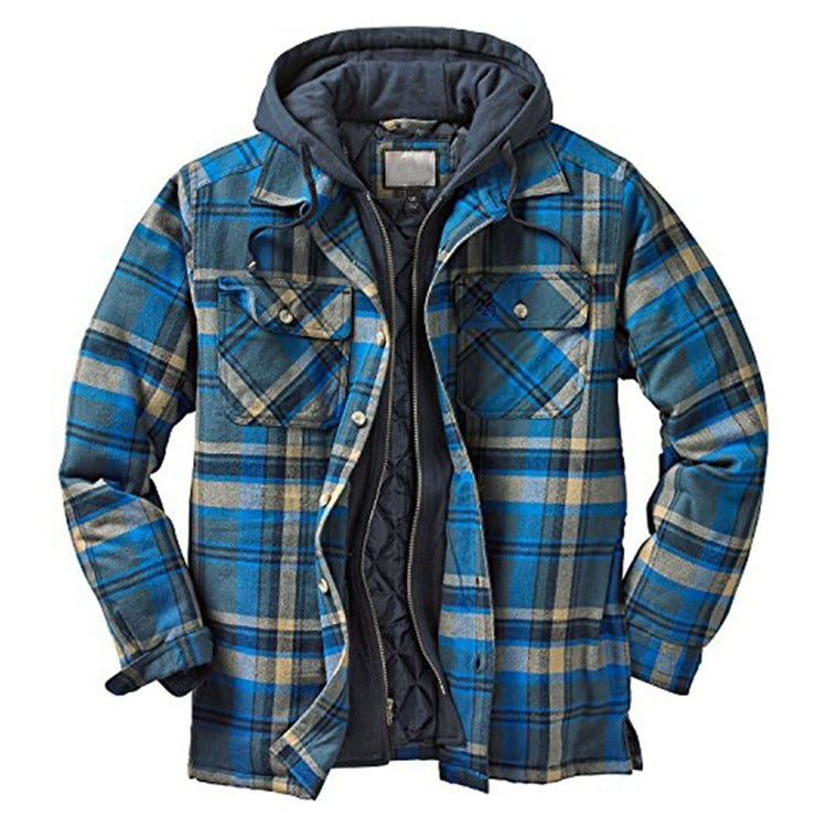 Padded cotton checked long-sleeved hooded jacket