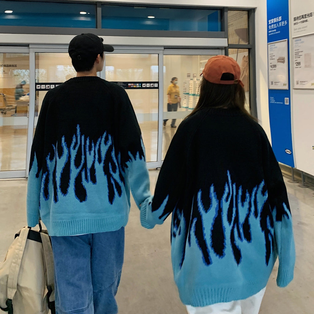 Lazy Wind Flame Thick Printed Sweater Couple