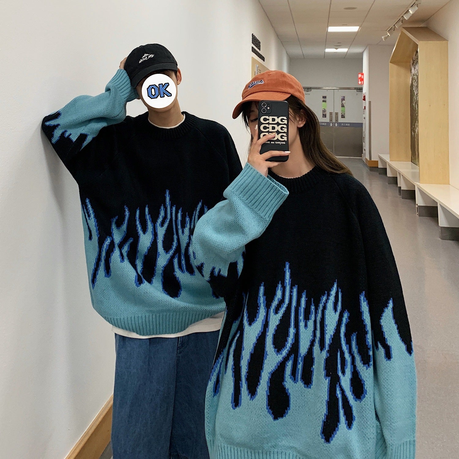 Lazy Wind Flame Thick Printed Sweater Couple