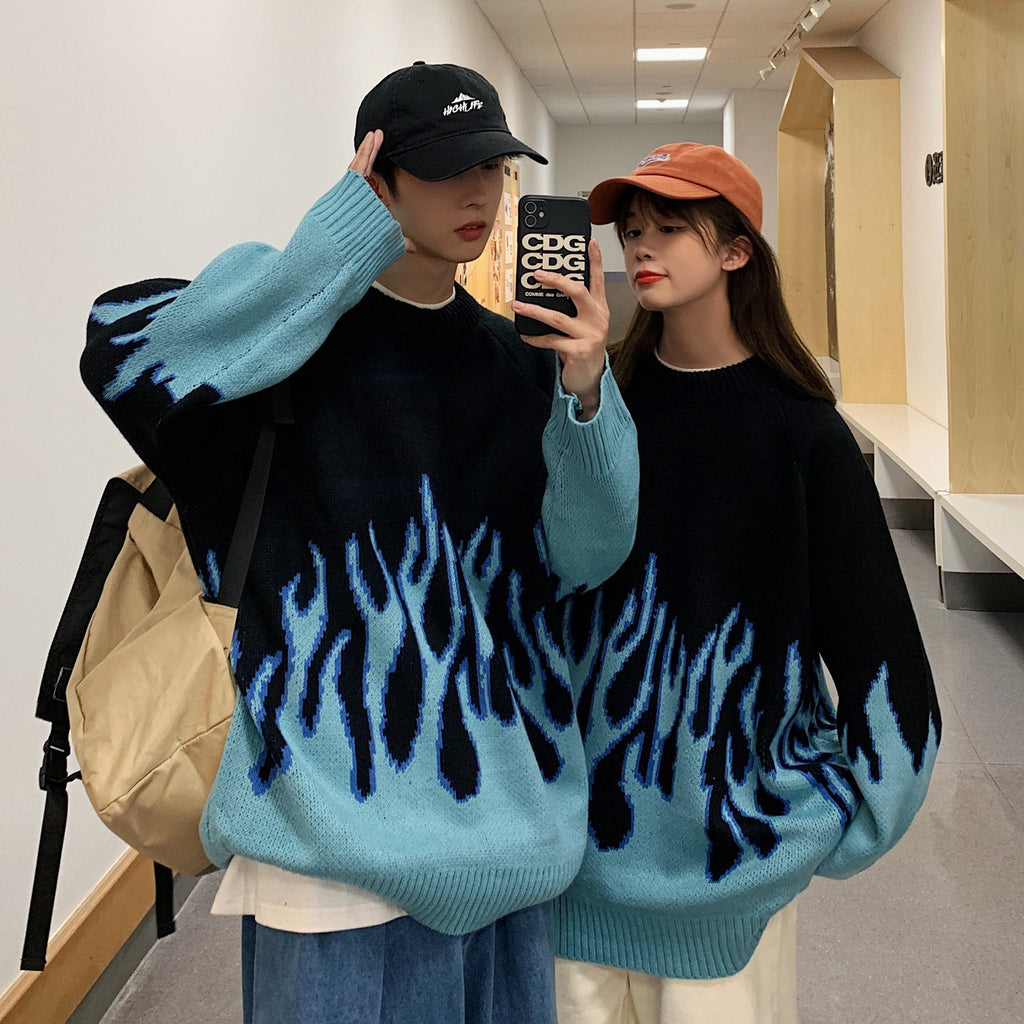 Lazy Wind Flame Thick Printed Sweater Couple