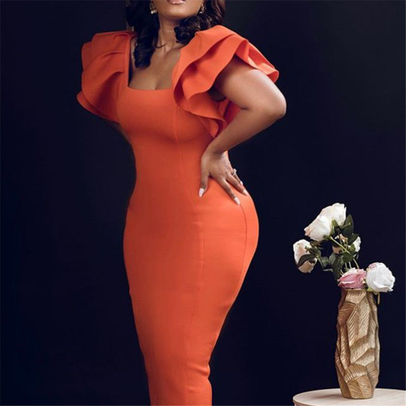 Elegant Orange Dress With Wood Ear Sleeves And High Waist Slimming
