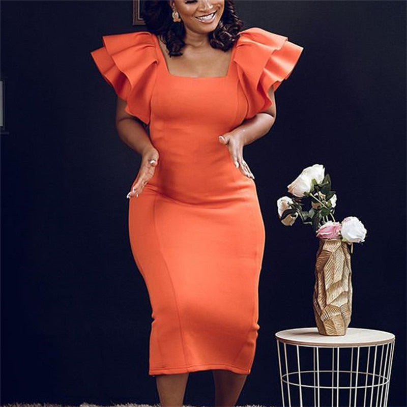 Elegant Orange Dress With Wood Ear Sleeves And High Waist Slimming