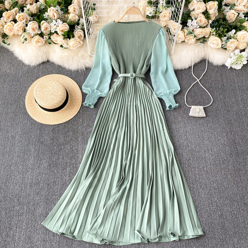Pleated Waist Slimming Light Mature Dress