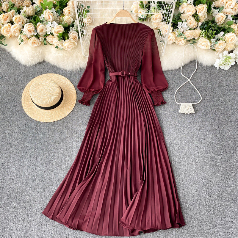 Pleated Waist Slimming Light Mature Dress