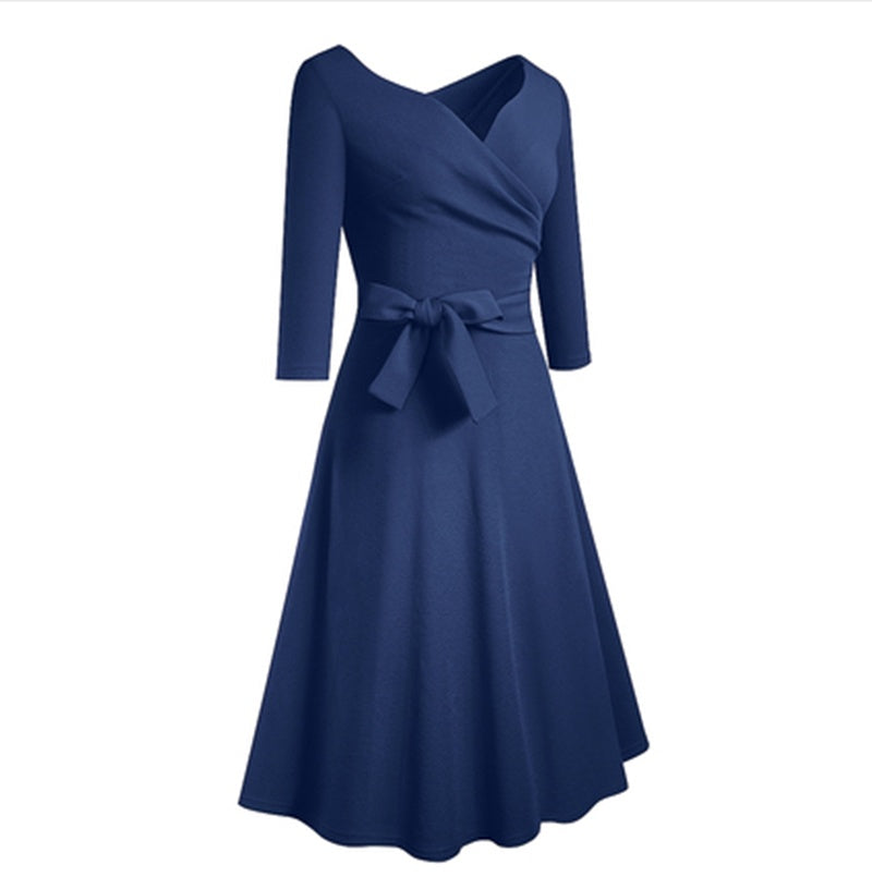 V-neck Waist Slimming A-line Skirt Fashion Lace-up Slim Dress