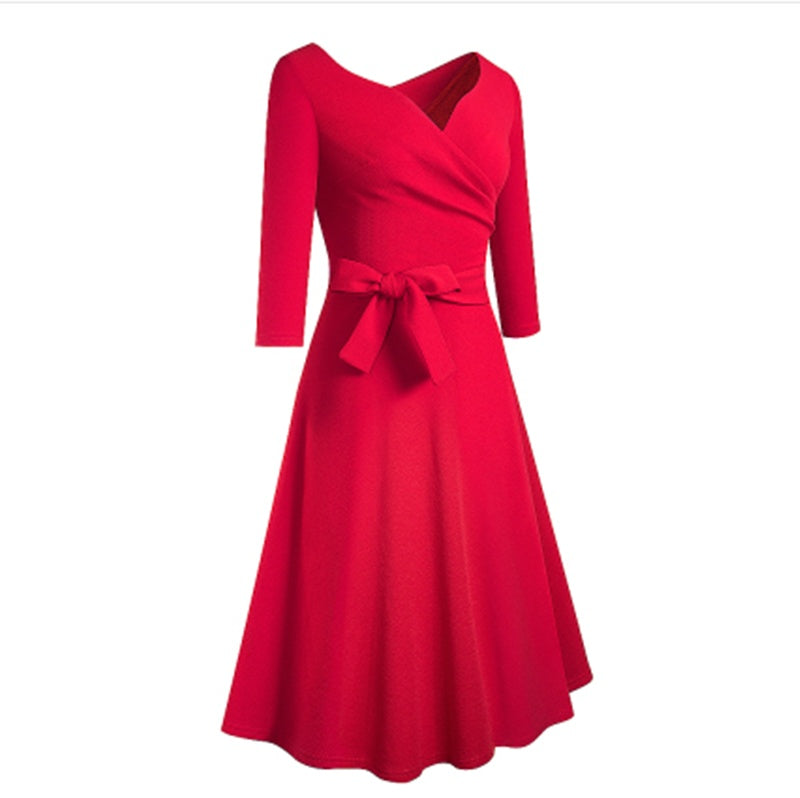 V-neck Waist Slimming A-line Skirt Fashion Lace-up Slim Dress