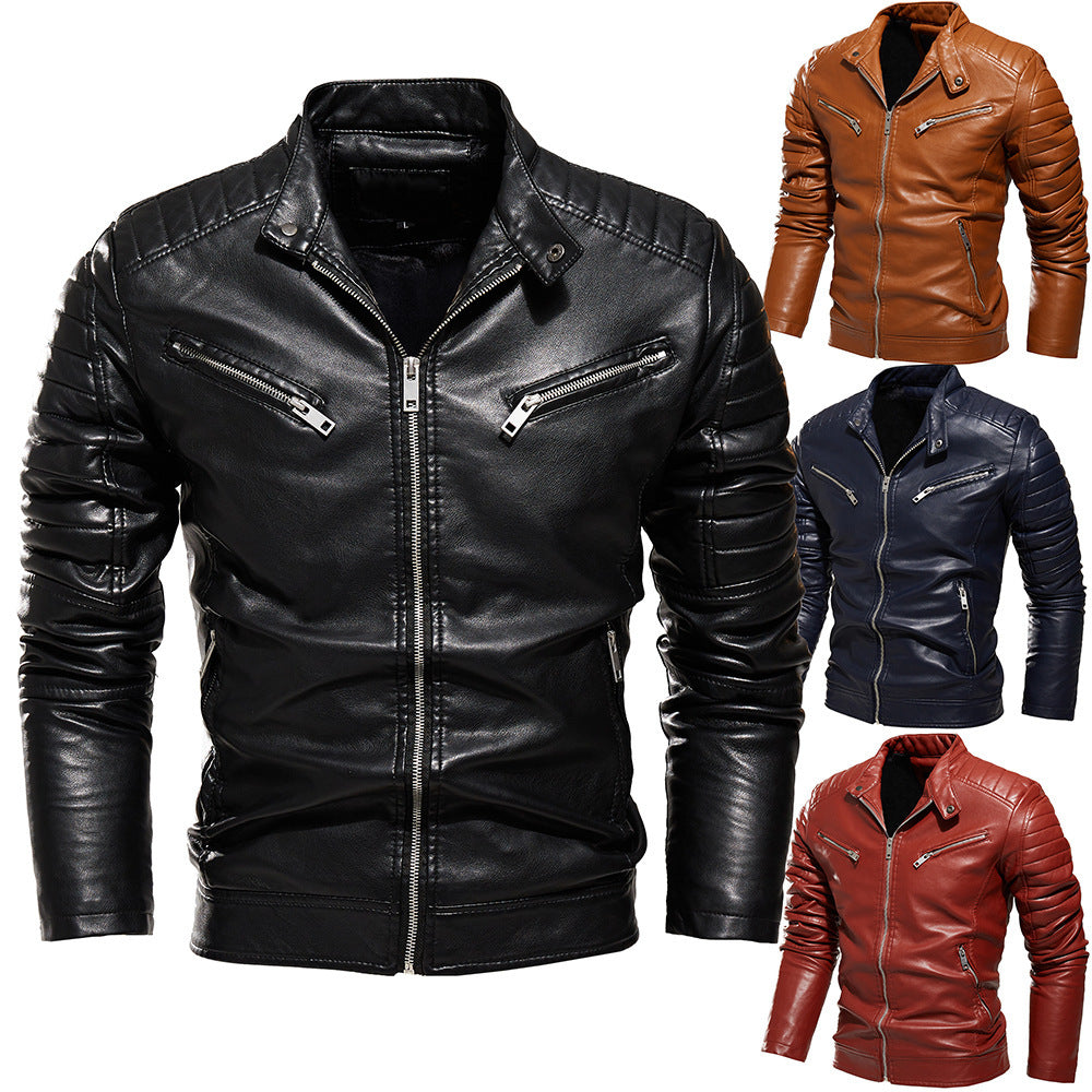 Solid Color Men's Pu Leather Jacket Motorcycle Suit