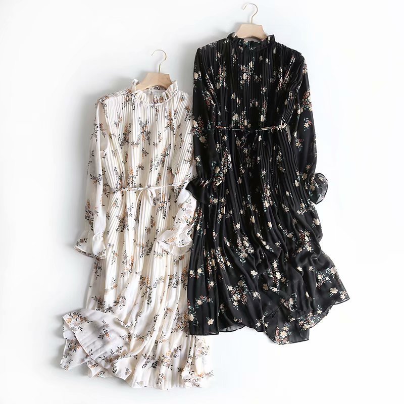 Floral Lace-Up Waist Mid-Length Dress Chiffon Skirt