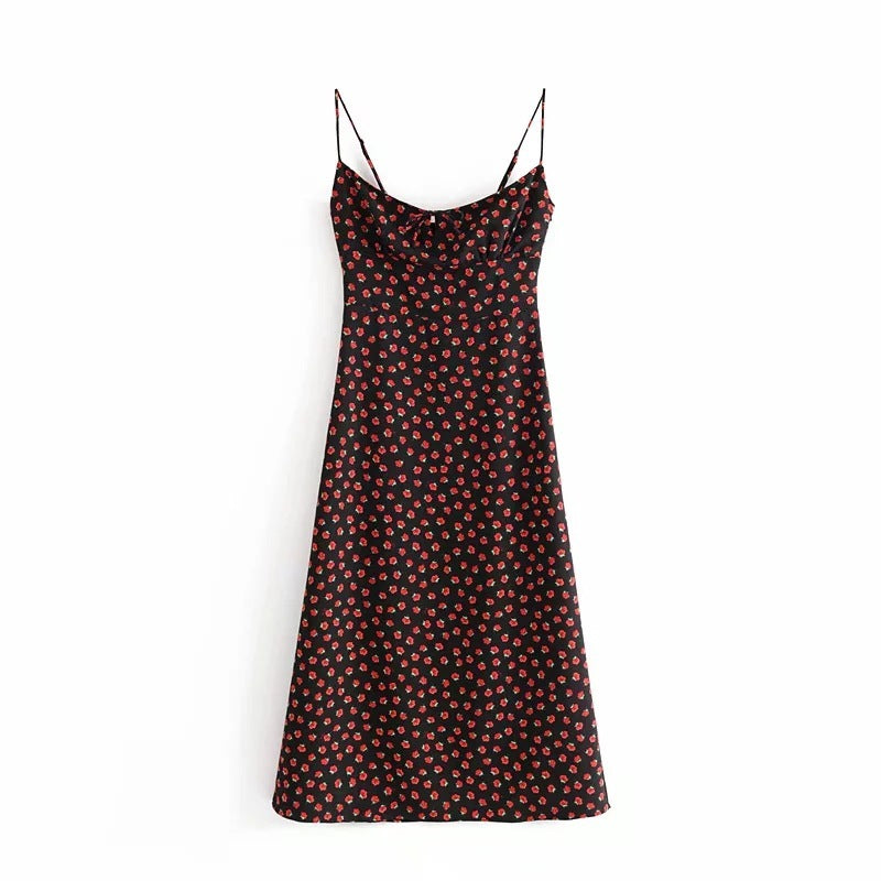 Retro Black Floral Slim-Fit Lace-Up Suspender Dress