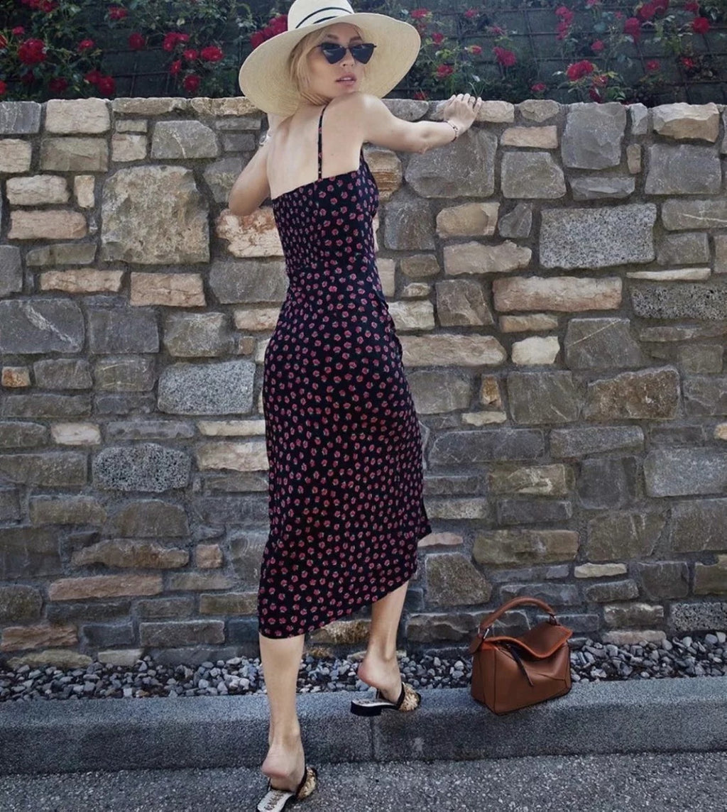 Retro Black Floral Slim-Fit Lace-Up Suspender Dress