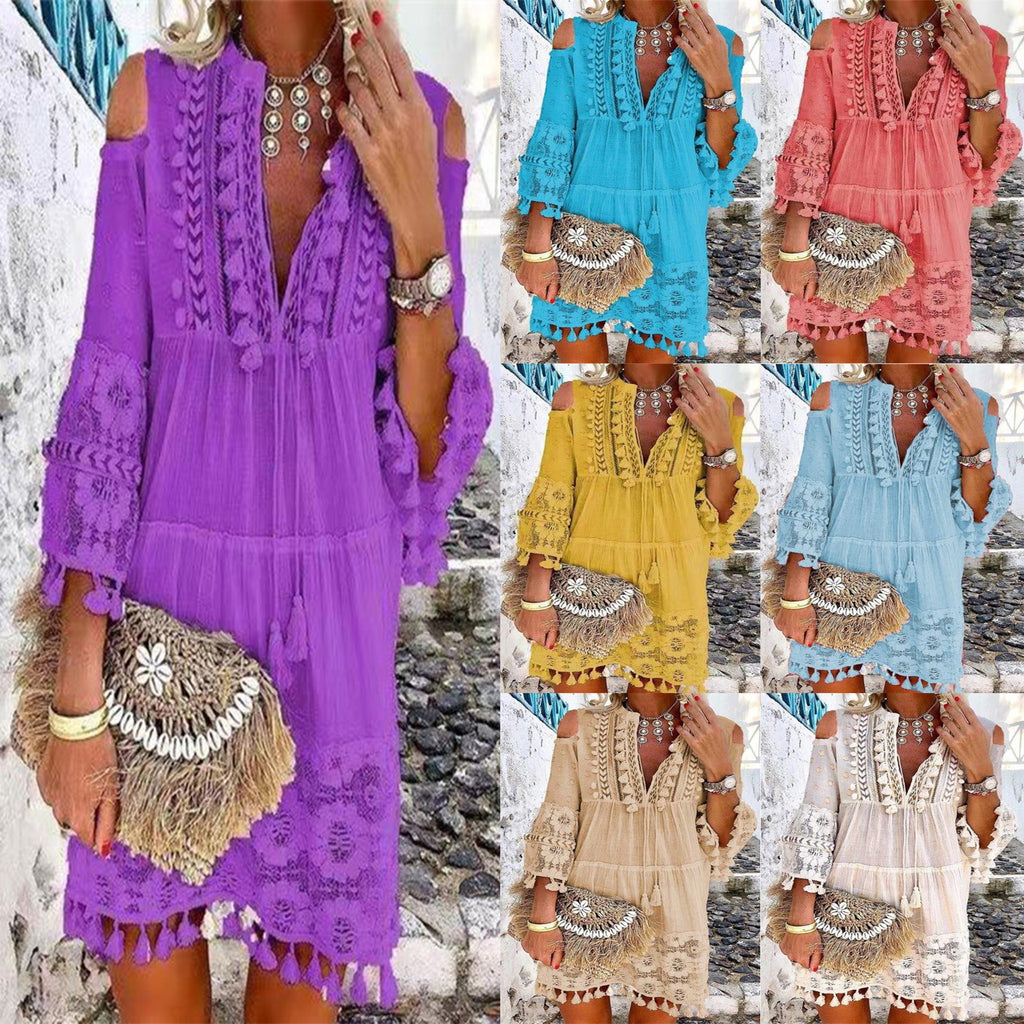 A Lot Of Spot Amazon Stitching Lace Strapless Sling Long-Sleeved Casual Solid Color Lace Dress 7 Colors 6 Yards