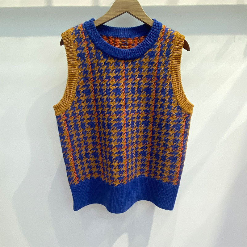 Houndstooth Purple Green Check Wool Vest