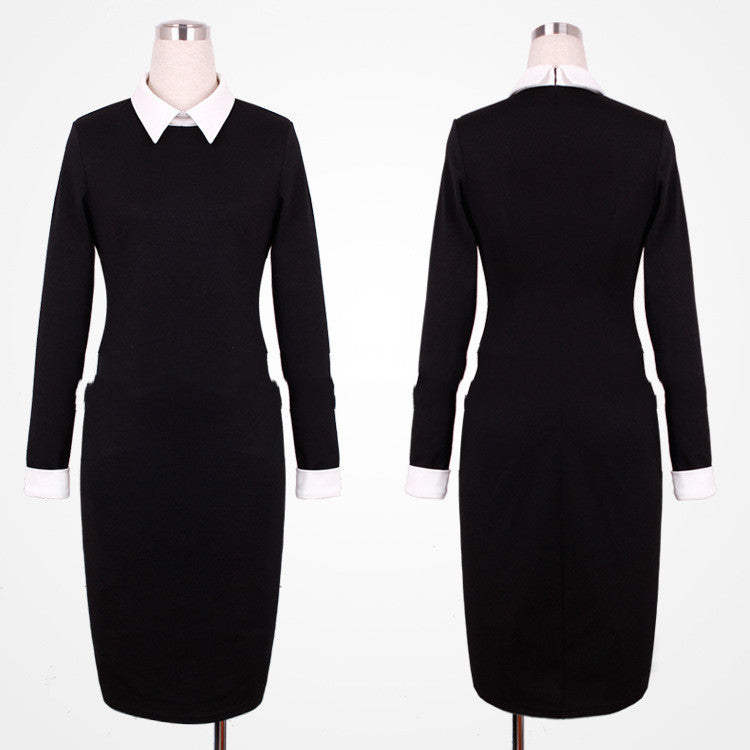Cross-Border Black And White Long-Sleeved Lapel Slim Fit Hip Dress Pencil